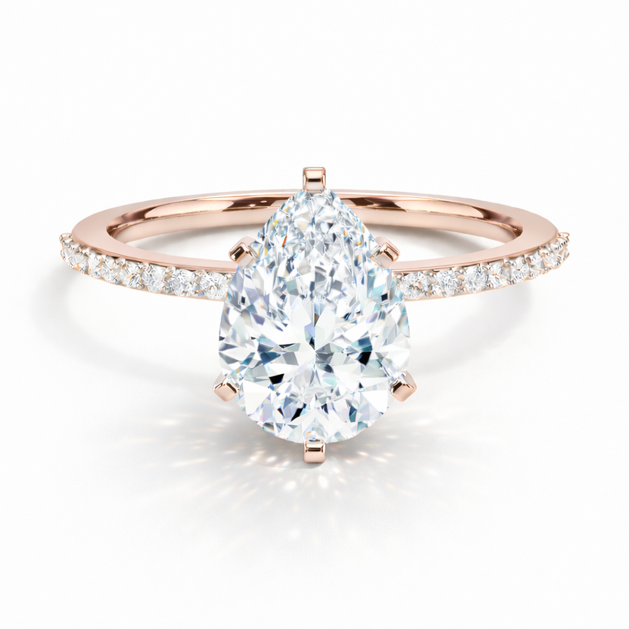 Tropfen Verlobungsring aus 14 Karat Roségold mit Labordiamant und Pavé-Ringschiene