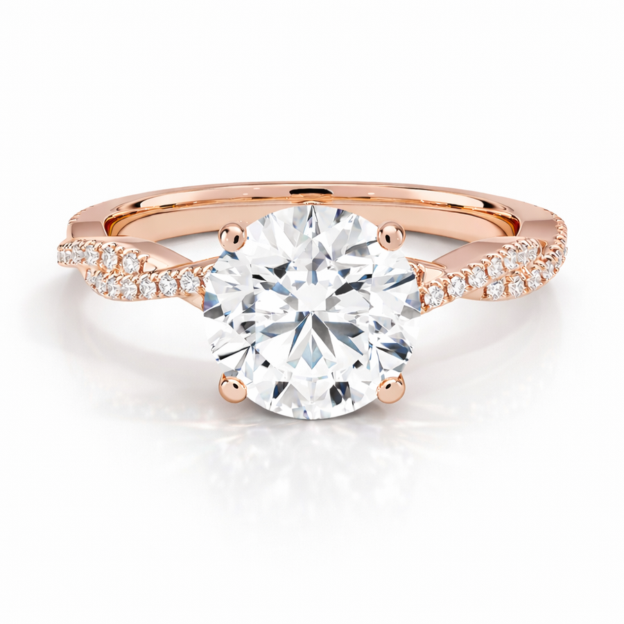 Runder Verlobungsring aus 14 Karat Roségold mit Labordiamant und Pavé-Ringschiene und geschwungener Ringschiene