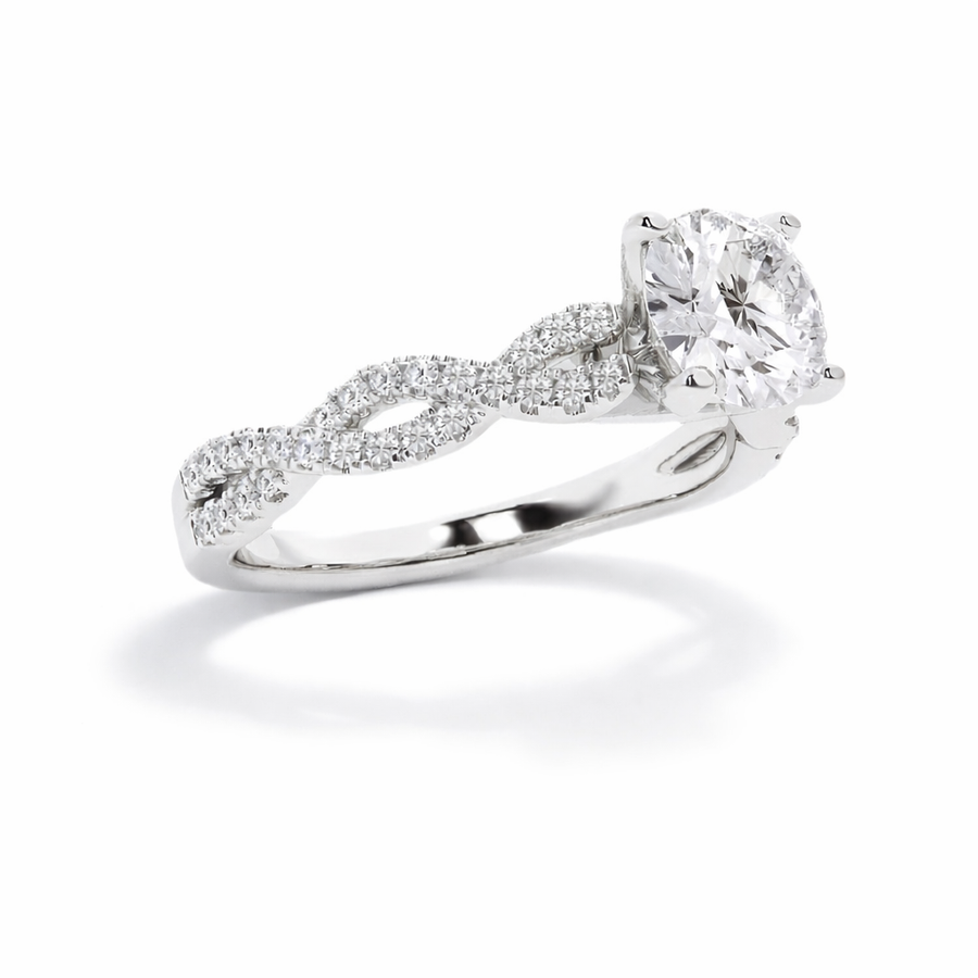 Runder Verlobungsring aus 14 Karat Weißgold mit Labordiamant und Pavé-Ringschiene und geschwungener Ringschiene