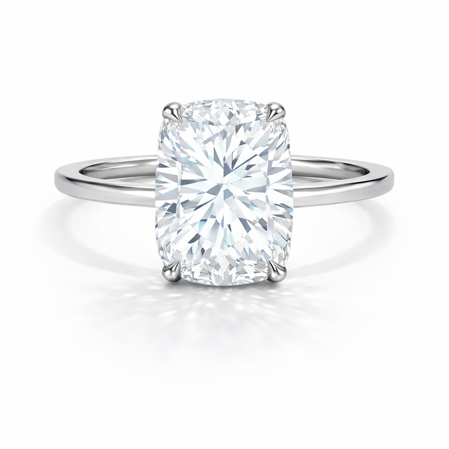 Cushion Verlobungsring aus 14 Karat Weißgold mit Labordiamant und Hidden Halo und Galerieschiene