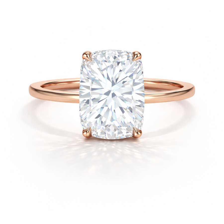 Cushion Verlobungsring aus 14 Karat Roségold mit Labordiamant und Hidden Halo und Galerieschiene
