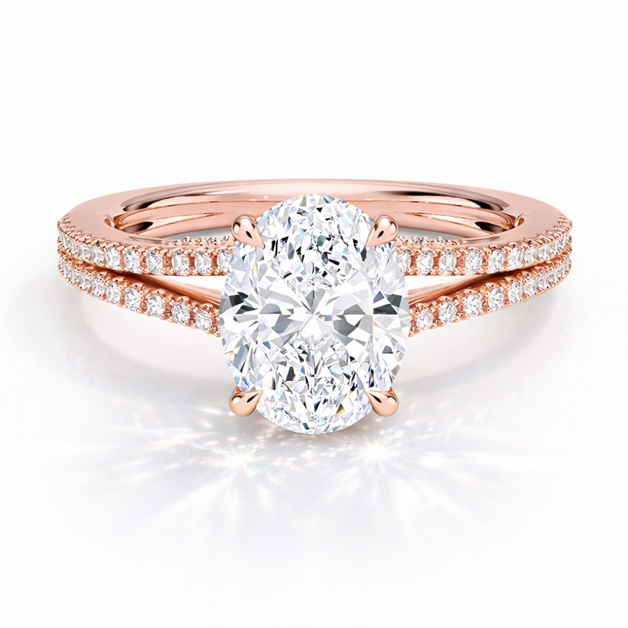 Ovaler Verlobungsring aus 14 Karat Roségold mit Labordiamant und Pavé-Ringschiene und Cathedral-Fassung