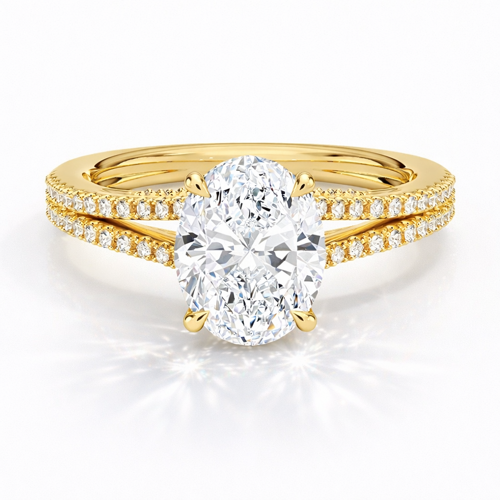 Jess Oval Split Cathedral Pavé Verlobungsring aus 14k Gelbgold mit einem funkelnden, Laborgezüchtetem Diamanten - handgefertigt & nachhaltig - von Labgrownlove 