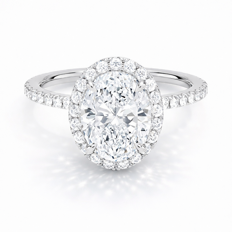 Ovaler Halo-Verlobungsring aus 14 Karat Weißgold mit Labordiamant und Hidden Halo