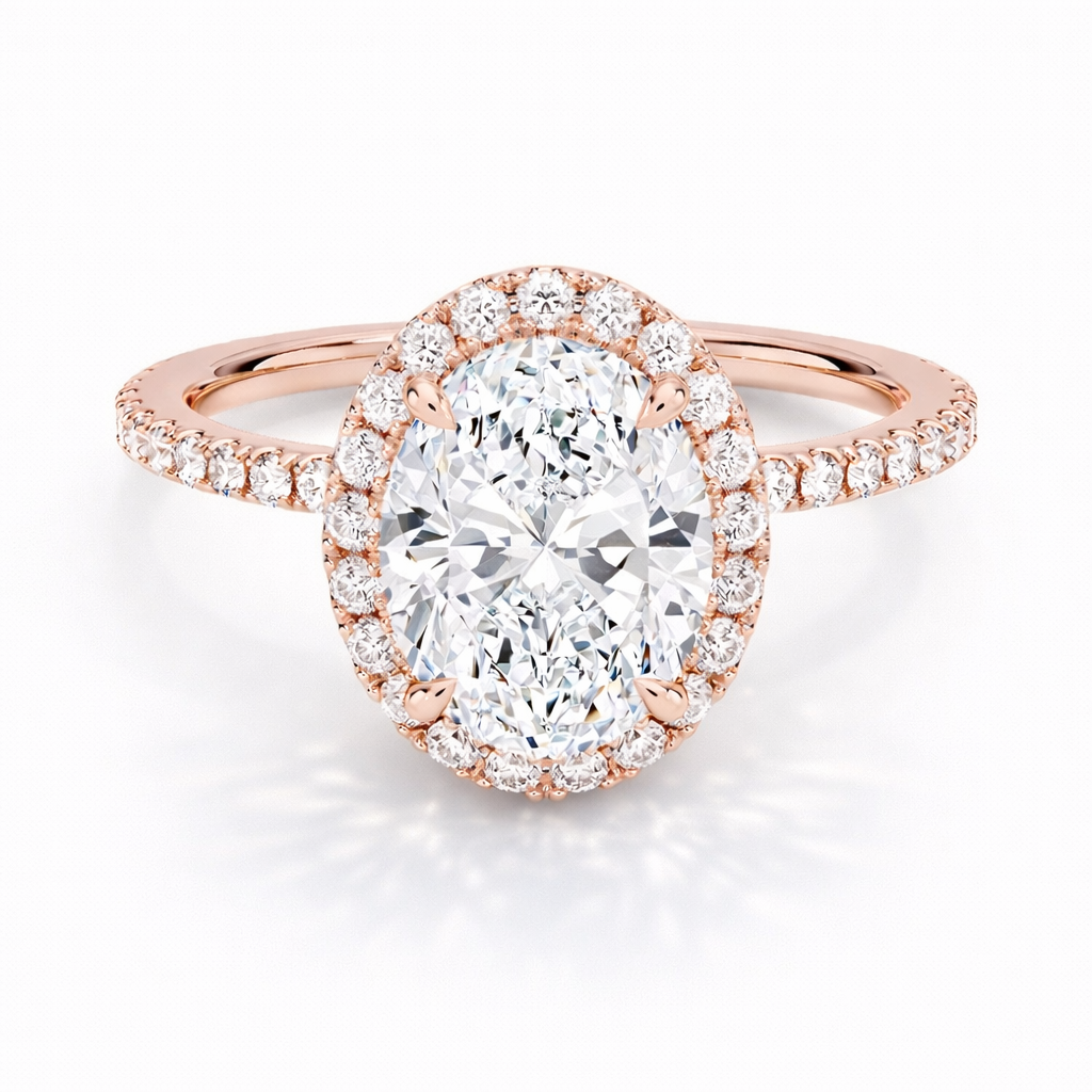 Gaby Oval Halo Pavé Verlobungsring aus 14k Roségold mit funkelndem Diamanten – handgefertigt, nachhaltig & Laborgezüchtet- von Labgrownlove