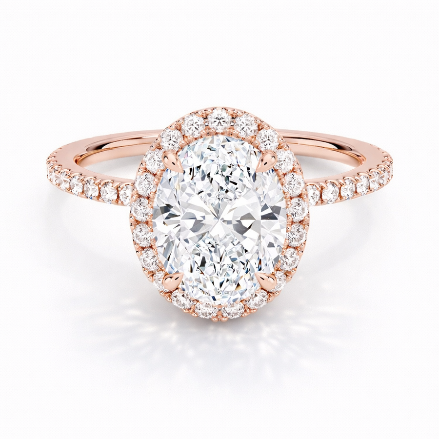Ovaler Halo-Verlobungsring aus 14 Karat Roségold mit Labordiamant und Hidden Halo