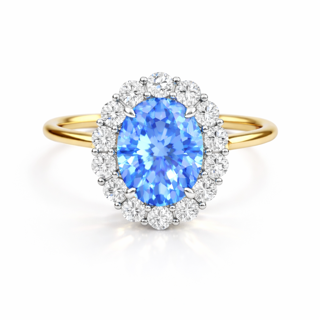 Handgefertigter Verlobungsring aus Gelbgold mit ovalem blauem Edelstein und Diamant-Halo auf weißem Hintergrund