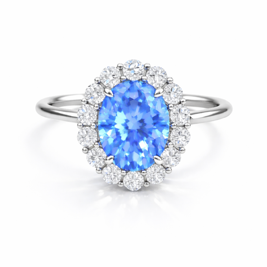 Ovaler Halo-Verlobungsring aus Weißgold mit blauem Labordiamant