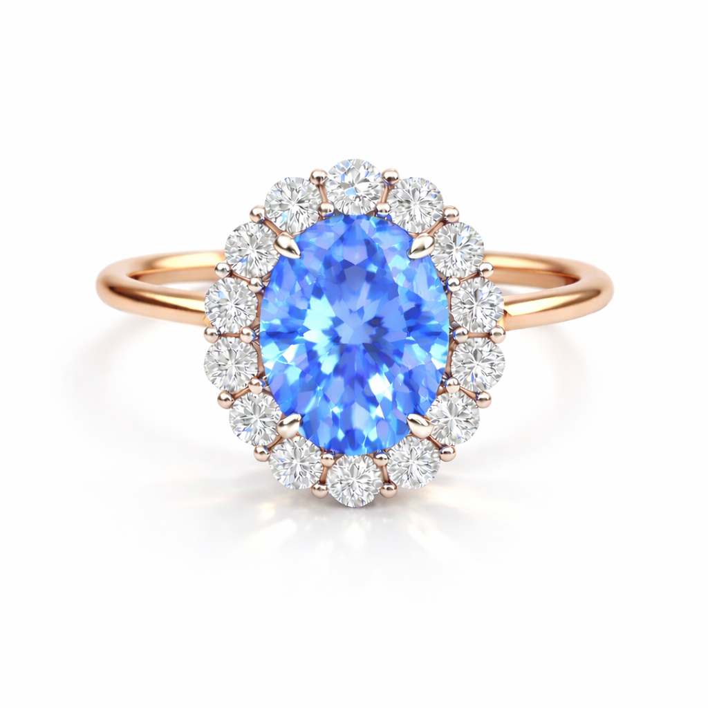 Sky - Oval Halo Verlobungsring, blauer laborgezüchteter Diamant