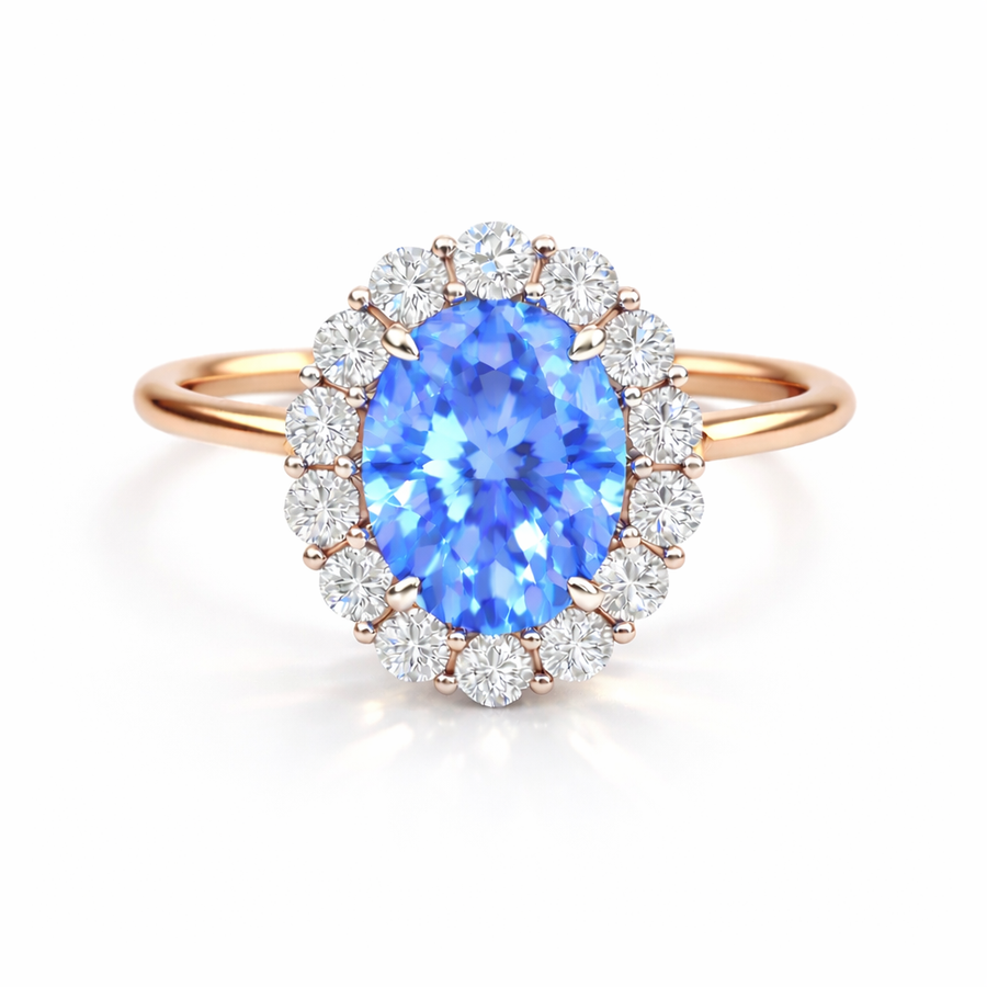 Ovaler Halo-Verlobungsring aus Roségold mit blauem Labordiamant