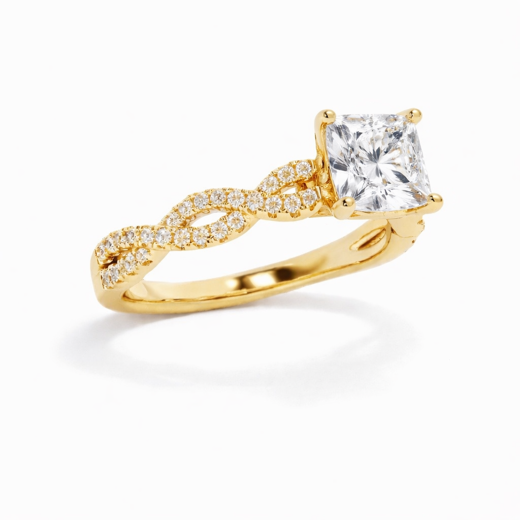 Luna - Princess Twist-Pavé | Halo  Verlobungsring aus 14k Gelbgold mit einem funkelnden, Laborgezüchteten Diamanten - handgefertigt & 