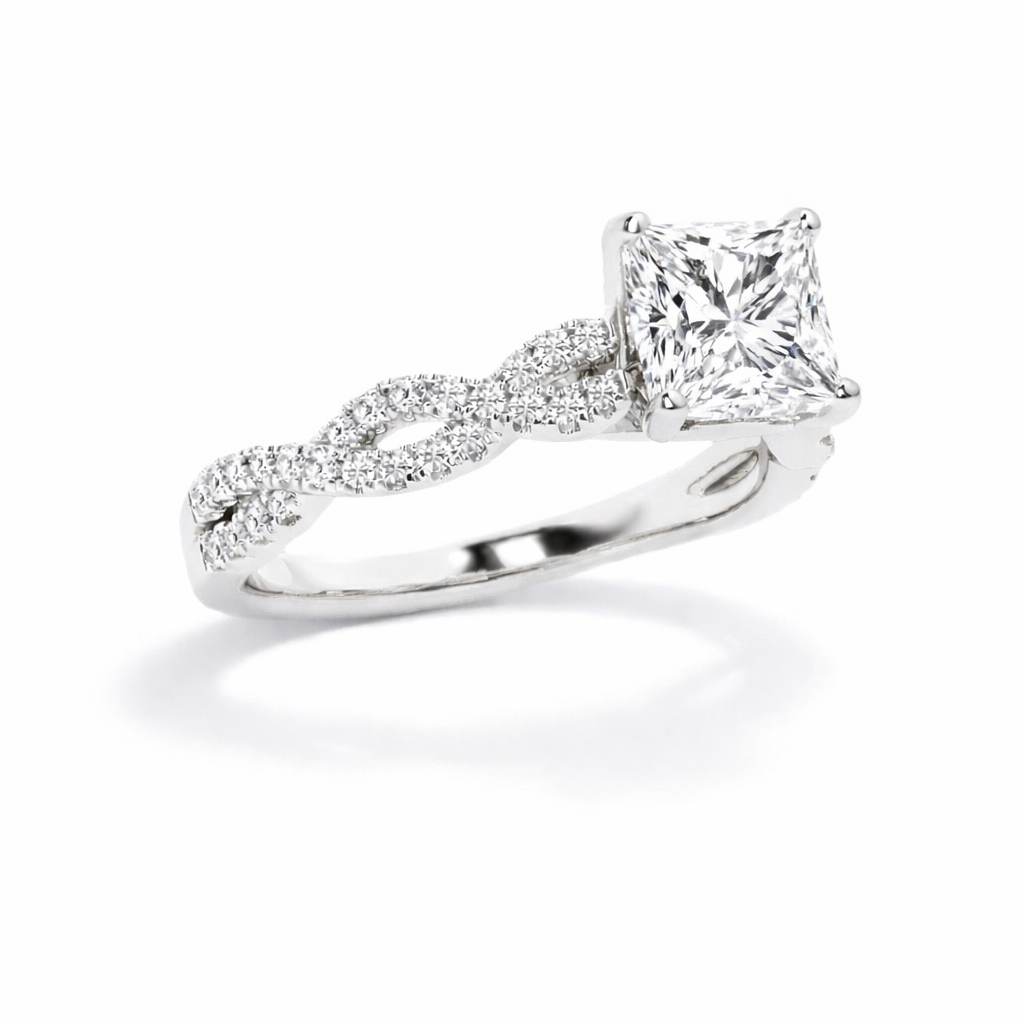 Luna - Princess Twist-Pavé | Halo  Verlobungsring aus 14k Weißgold mit einem funkelnden, Laborgezüchteten Diamanten - handgefertigt & 