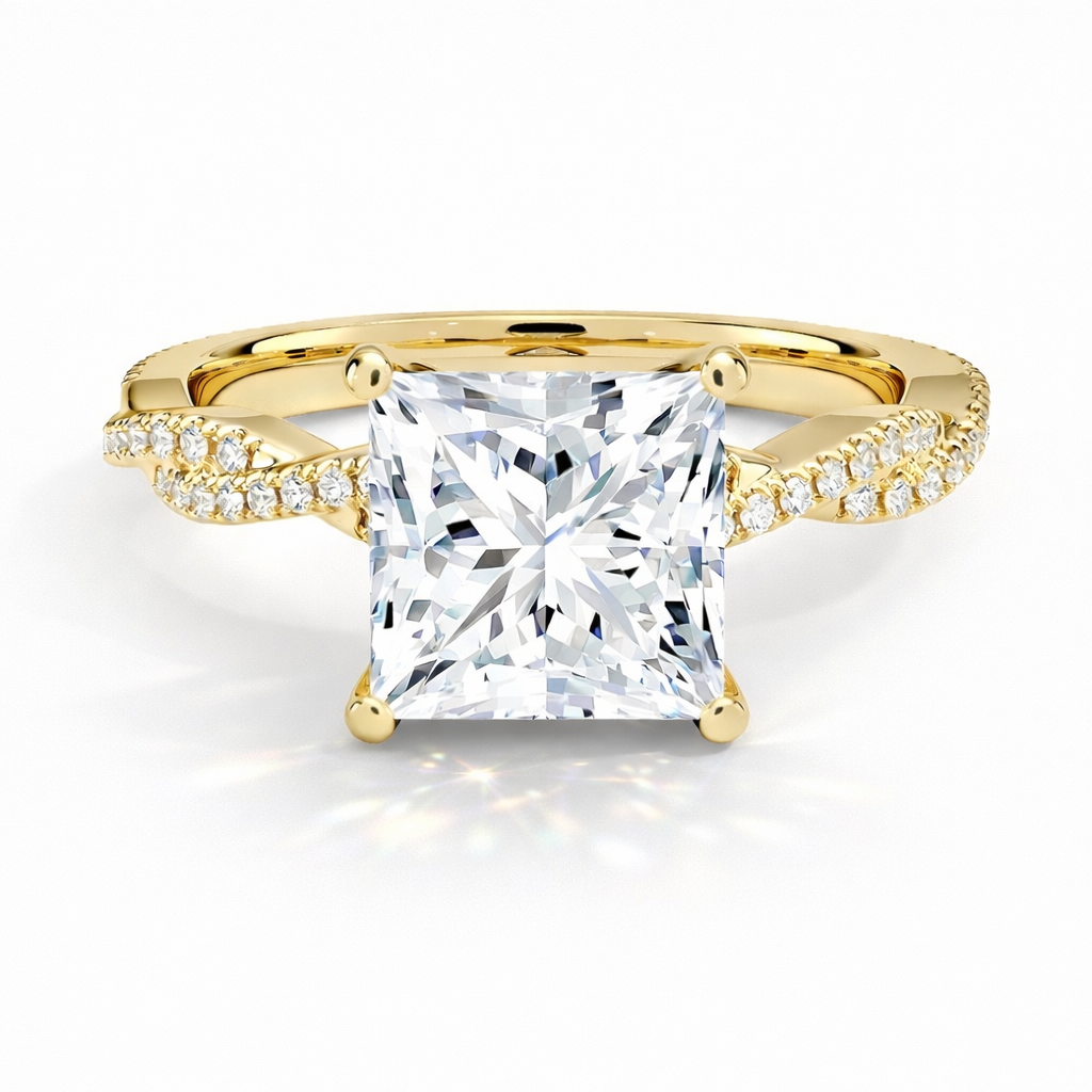 Luna - Princess Twist-Pavé | Halo  Verlobungsring aus 14k Gelbgold mit einem funkelnden, Laborgezüchteten Diamanten - handgefertigt & 