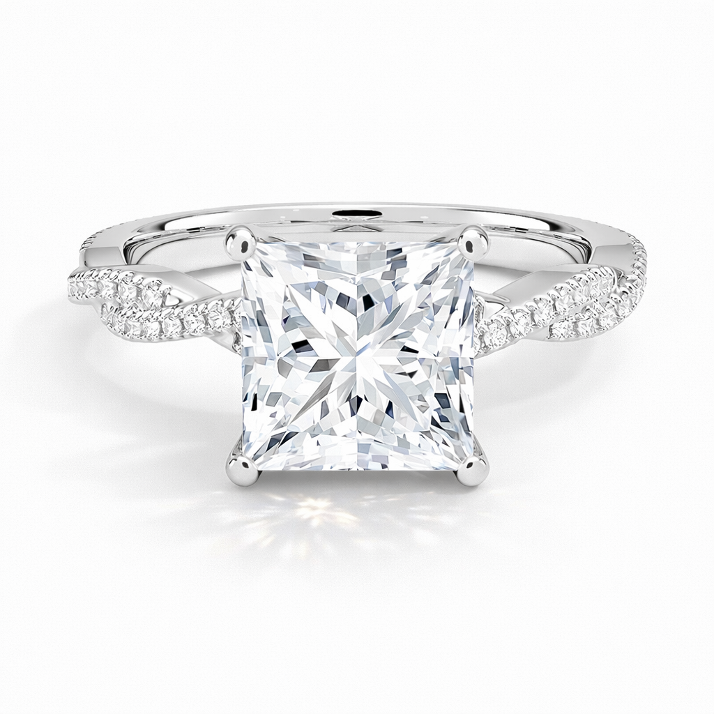Luna- Princess Twist-Pavé | Halo  Verlobungsring aus 14k Weißgold mit einem funkelnden, Laborgezüchteten Diamanten - handgefertigt 
