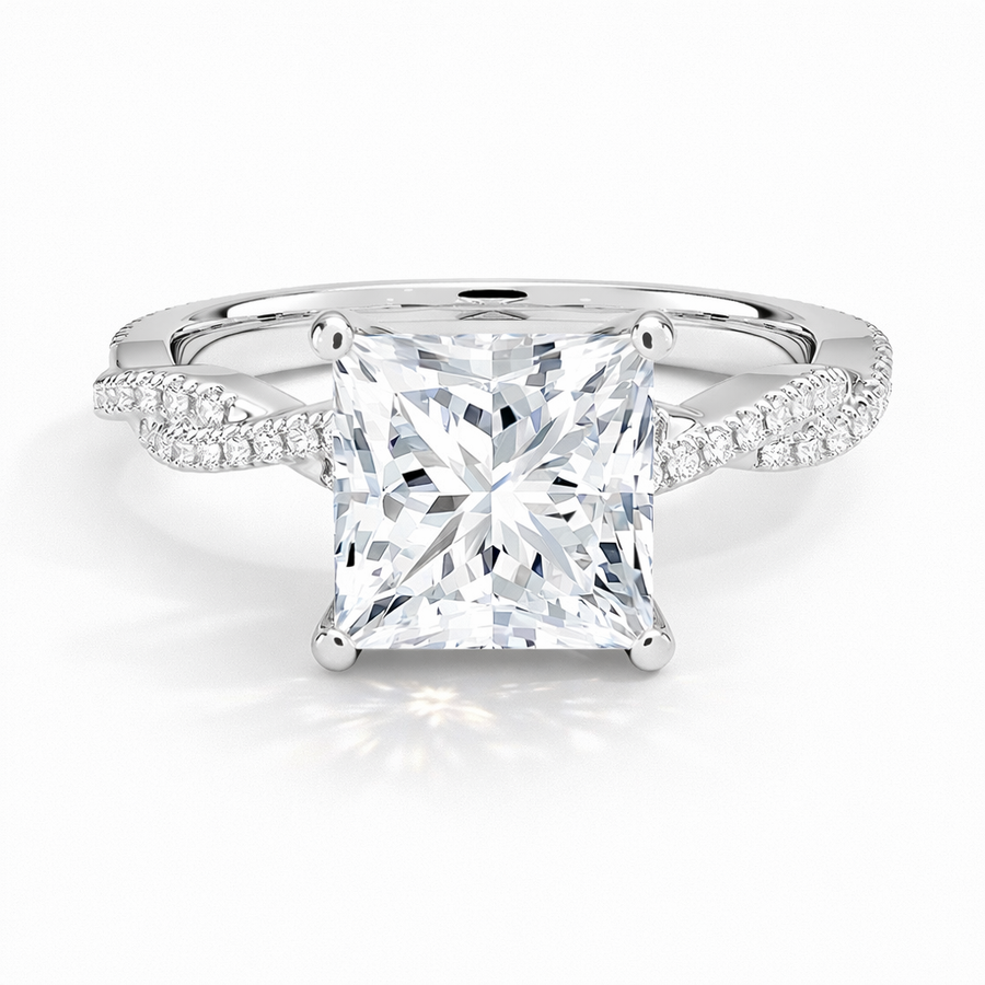 Princess-Cut Verlobungsring aus 14 Karat Weißgold mit Labordiamant und geschwungener Ringschiene