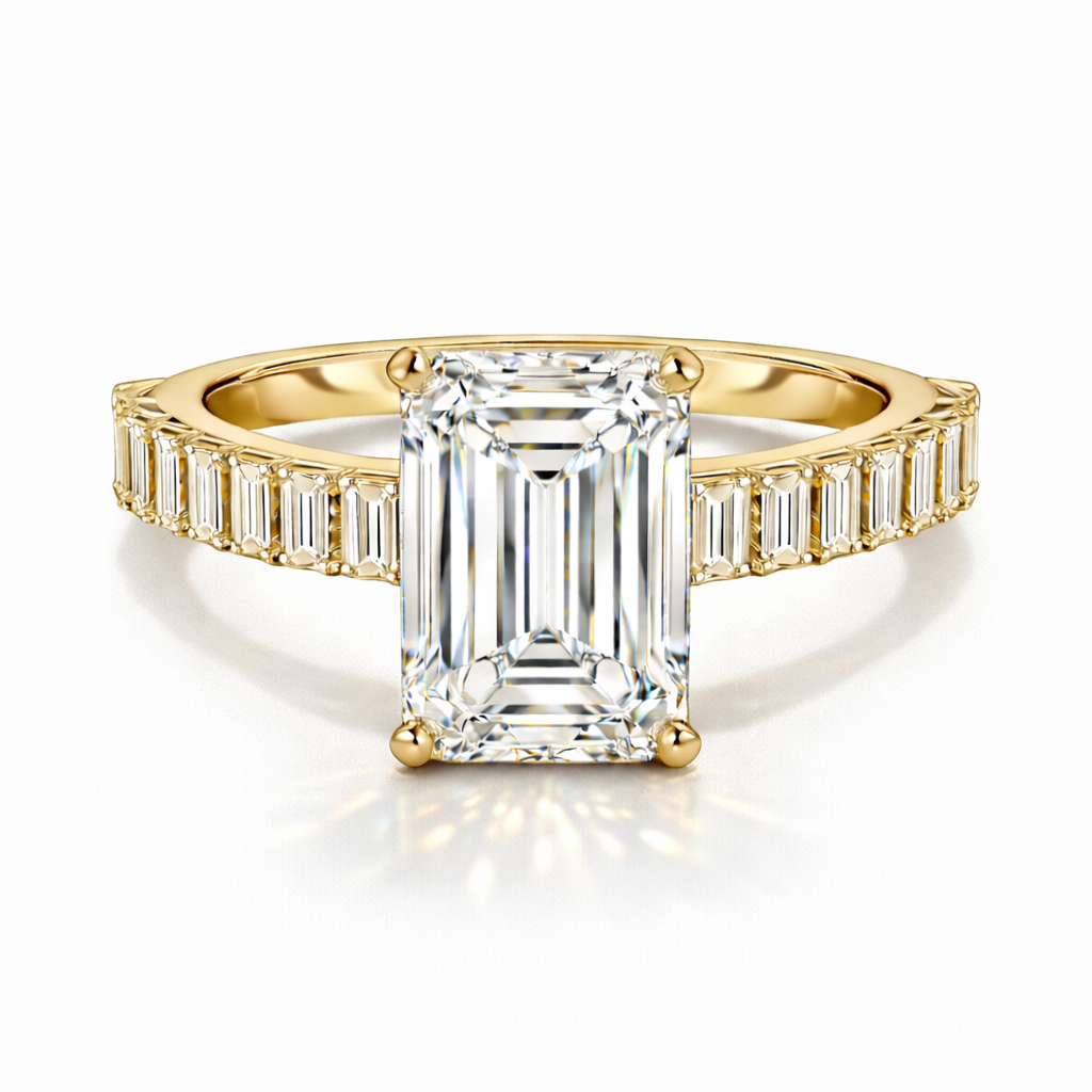 Queen - Emerald Pavé Verlobungsring aus 14k Gelbgold mit einem funkelnden Diamanten- laborgezüchtet, handgefertigt & nachhaltig - von Labgrownlove