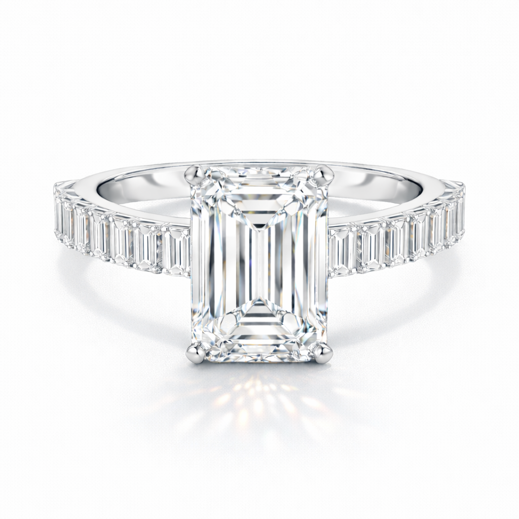 Queen - Emerald Pavé Verlobungsring aus 14k Weißgold mit einem funkelnden Diamanten- laborgezüchtet, handgefertigt & nachhaltig - von Labgrownlove