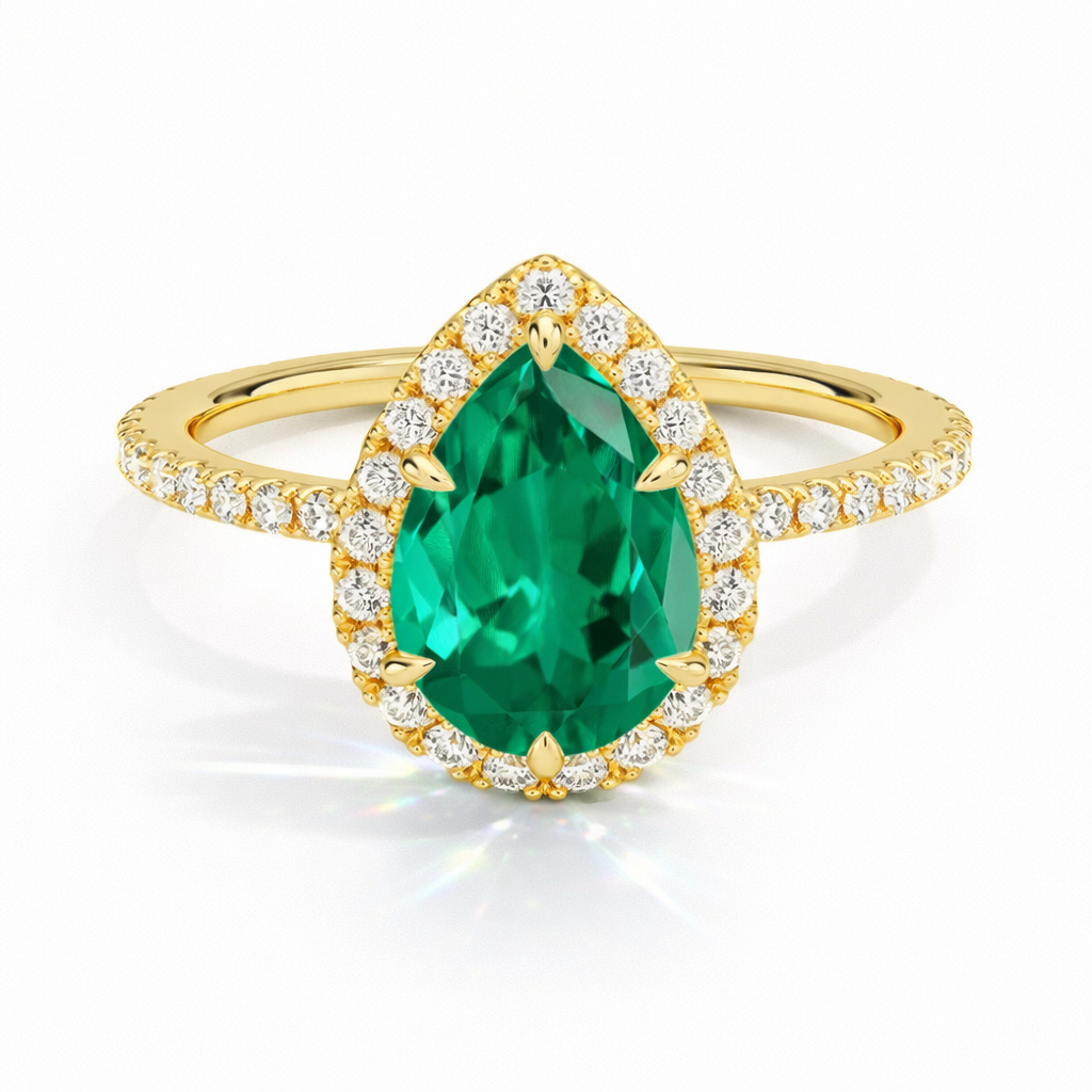 Diana - Tropfen Halo hidden halo Verlobungsring aus 14k Gelbgold mit einem funkelnden, Laborgezüchteten Smaragd - handgefertigt & nachhaltig - von Labgrownlove 