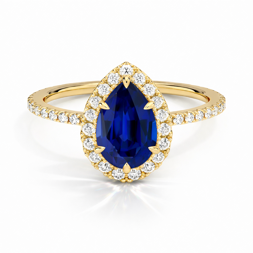 Diana - Tropfen Halo hidden halo Verlobungsring aus 14k Gelbgold mit einem funkelnden, Laborgezüchteten Saphir - handgefertigt & nachhaltig - von Labgrownlove 