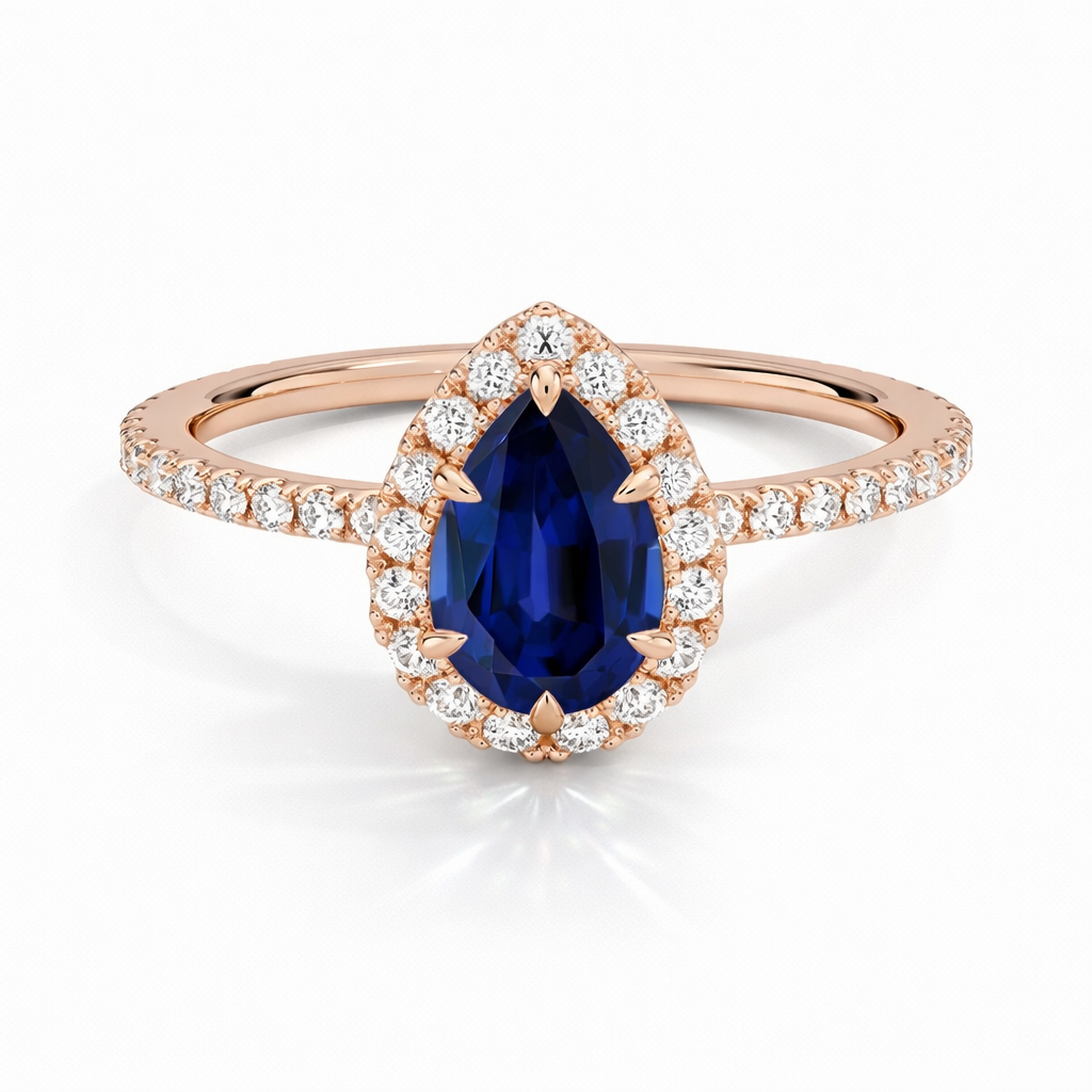 Diana - Tropfen Halo hidden halo Verlobungsring aus 14k Roségold mit einem funkelnden, Laborgezüchteten Saphir - handgefertigt & nachhaltig - von Labgrownlove 