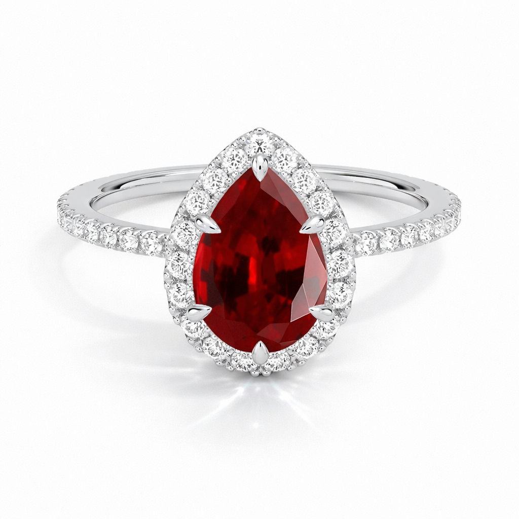 Diana - Tropfen Halo hidden halo Verlobungsring aus 14k Weißgold mit einem funkelnden, Laborgezüchteten Rubin - handgefertigt & nachhaltig - von Labgrownlove 