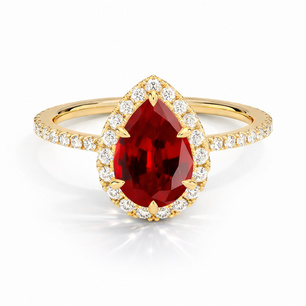 Diana - Tropfen Halo hidden halo Verlobungsring aus 14k Gelbgold mit einem funkelnden, Laborgezüchteten Rubin - handgefertigt & nachhaltig - von Labgrownlove 