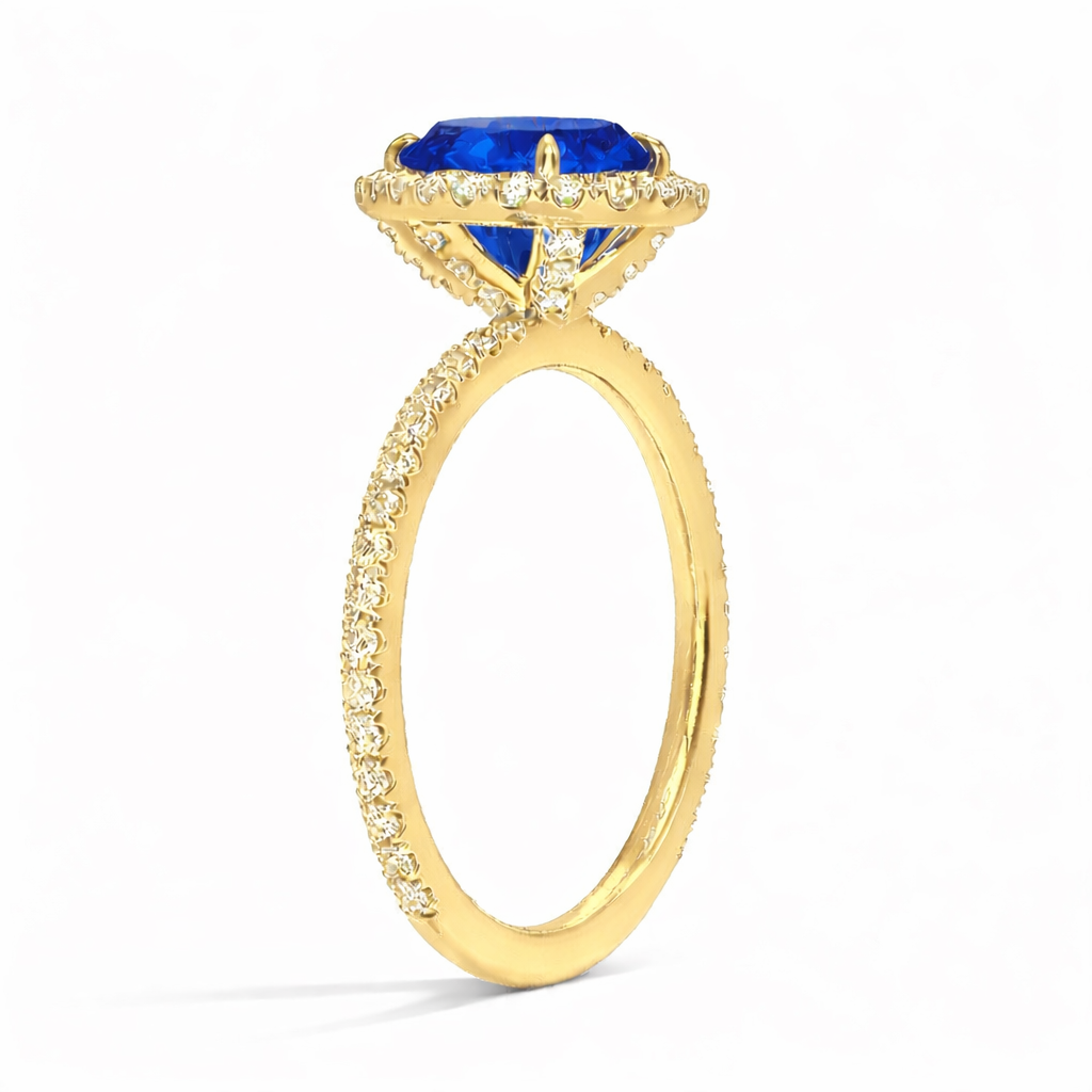 Diana - Tropfen Halo hidden halo Verlobungsring aus 14k Gelbgold mit einem funkelnden, Laborgezüchteten Saphire - handgefertigt & nachhaltig - von Labgrownlove 