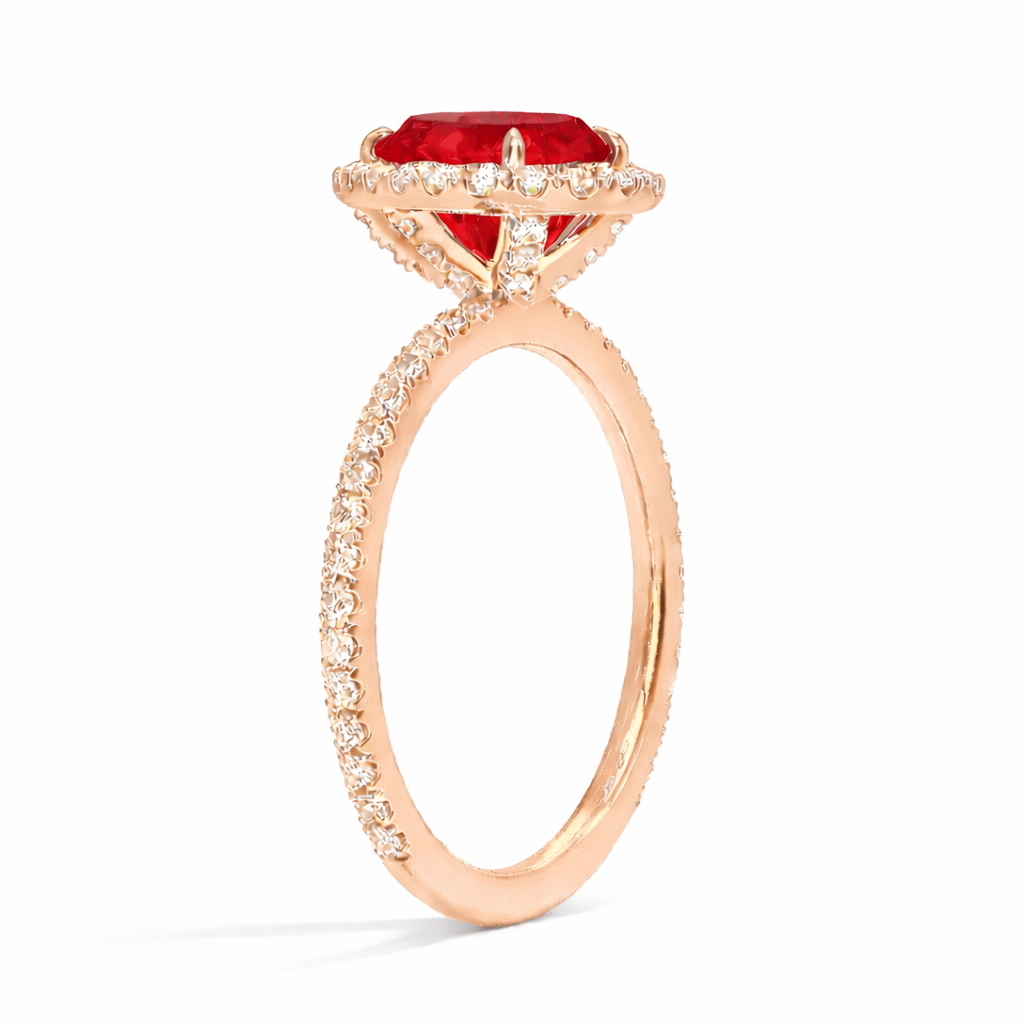 Diana - Tropfen Halo hidden halo Verlobungsring aus 14k Roségold mit einem funkelnden, Laborgezüchteten Rubin - handgefertigt & nachhaltig - von Labgrownlove 