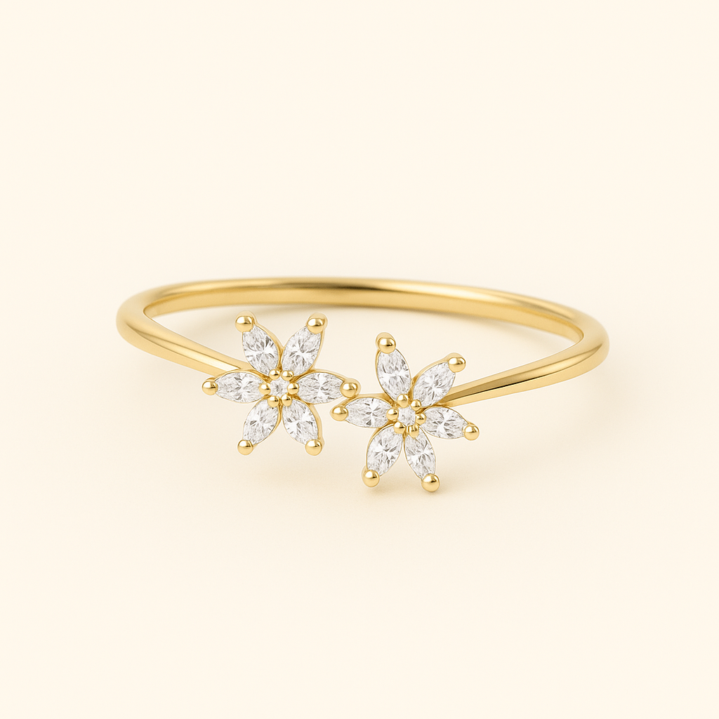Flower - Marquise Solitär Promisering aus 14k Gelbgold mit funkelnden, natürlichen Diamanten - handgefertigt & nachhaltig - von Labgrownlove 