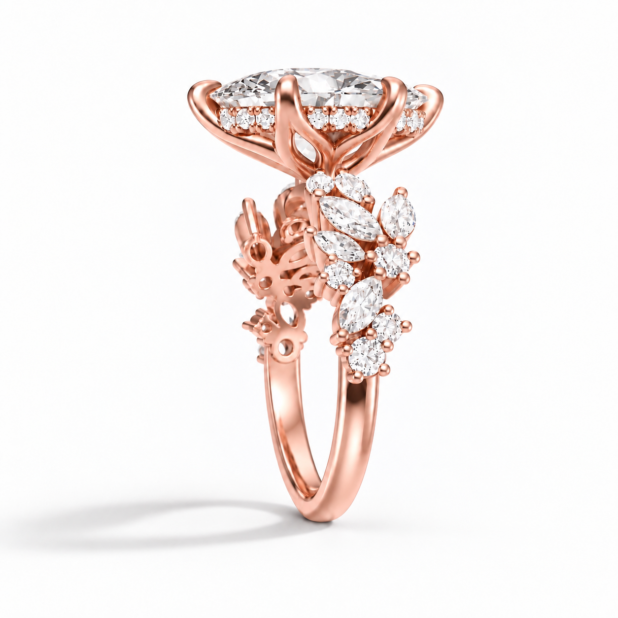 Demi - Marquise Cluster hidden halo Verlobungsring aus 14k Roségold  mit einem funkelnden, laborgezüchteten Diamanten und einem Tulpen Setting- handgefertigt & nachhaltig - von Labgrownlove