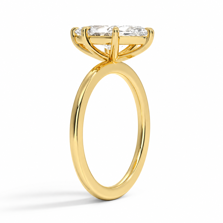 Seitenansicht: Marquise Verlobungsring aus Gelbgold mit Labordiamant und Galerieschiene