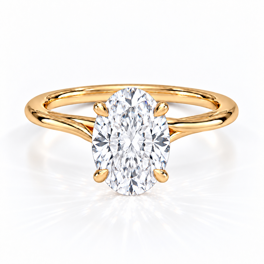 Ovaler Verlobungsring aus Gelbgold mit Labordiamant und Hidden Halo und Cathedral-Fassung