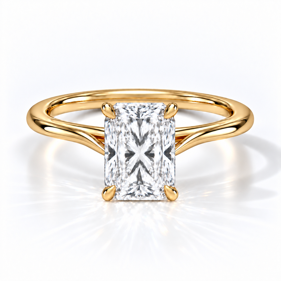 Radiant Verlobungsring aus Gelbgold mit Labordiamant und Hidden Halo und Cathedral-Fassung