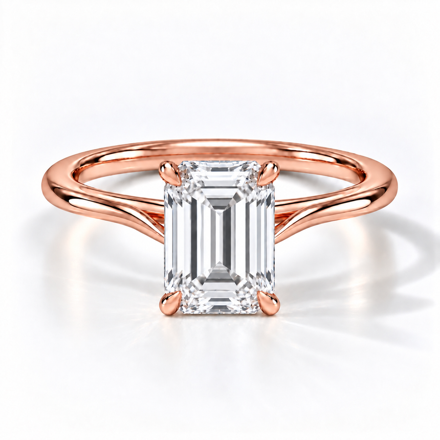 Emerald Verlobungsring aus Roségold mit Labordiamant und Hidden Halo und Cathedral-Fassung