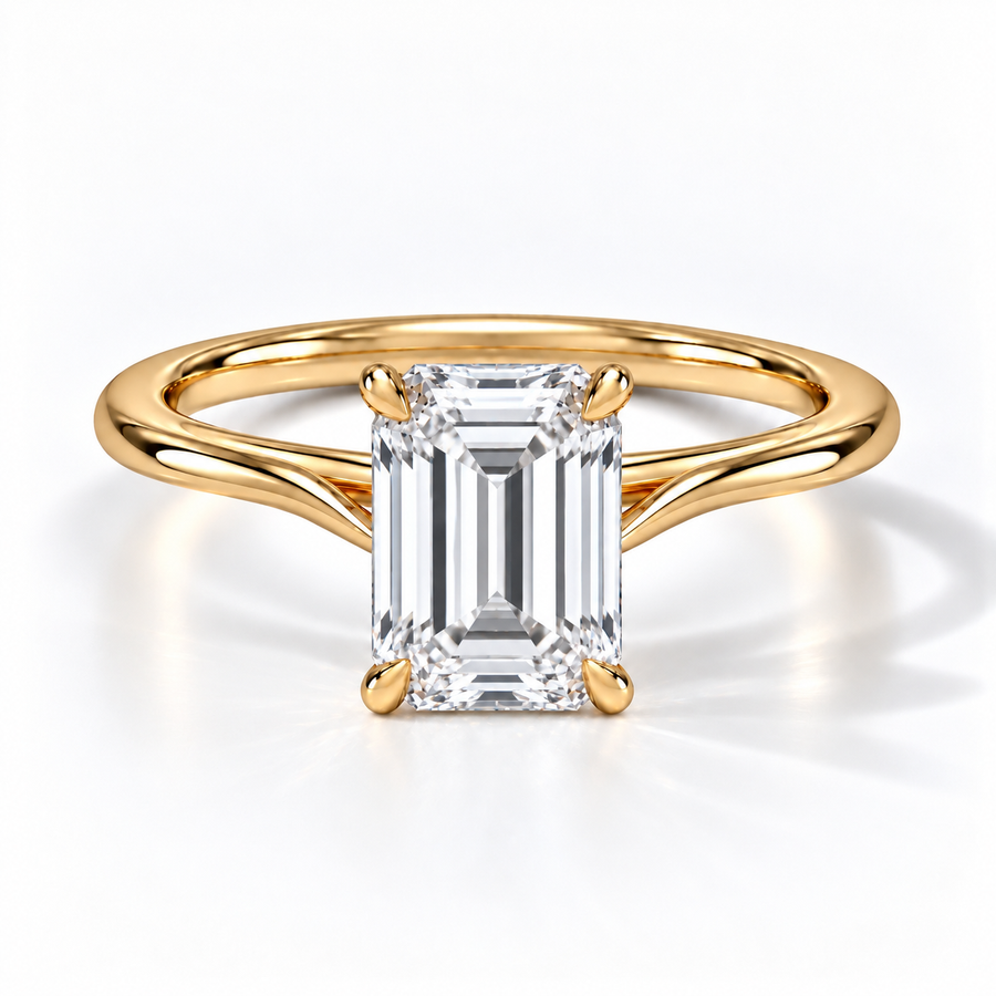 Emerald Verlobungsring aus Gelbgold mit Labordiamant und Hidden Halo und Cathedral-Fassung