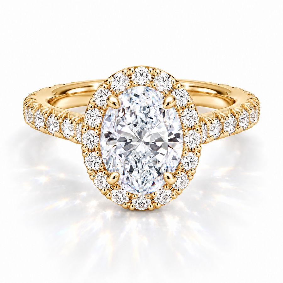 Ovaler Halo-Verlobungsring aus Gelbgold mit Labordiamant und Hidden Halo und Cathedral-Fassung