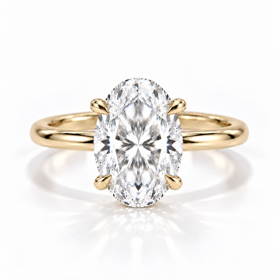 Ovaler Solitär-Verlobungsring aus 14 Karat Gelbgold mit Labordiamant und Hidden Halo und Tulpenfassung