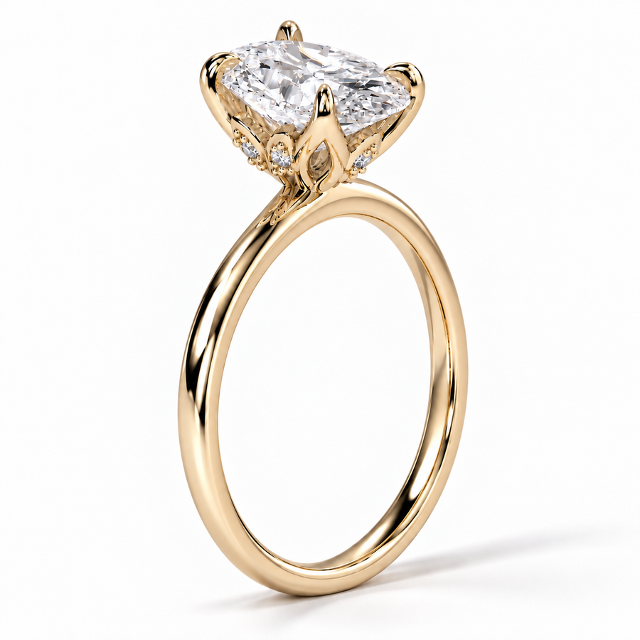 Seitenansicht: Ovaler Solitär-Verlobungsring aus 14 Karat Gelbgold mit Labordiamant und Hidden Halo und Tulpenfassung