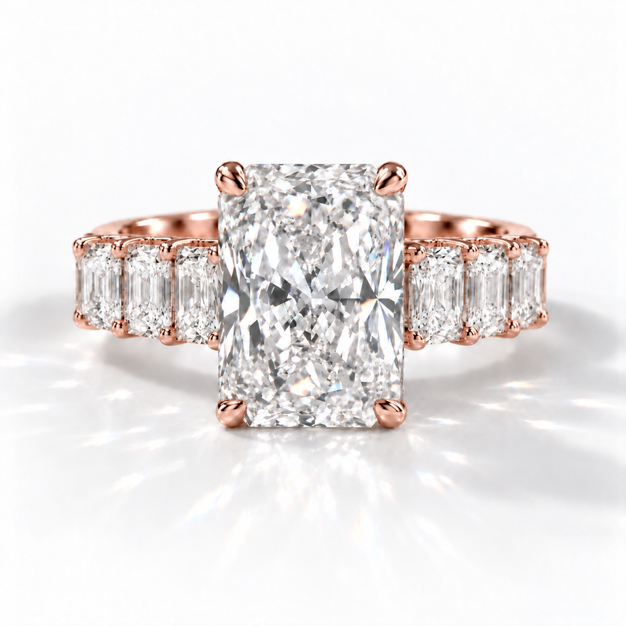 Radiant Verlobungsring aus 18 Karat Roségold mit Labordiamant und Pavé-Ringschiene und Hidden Halo