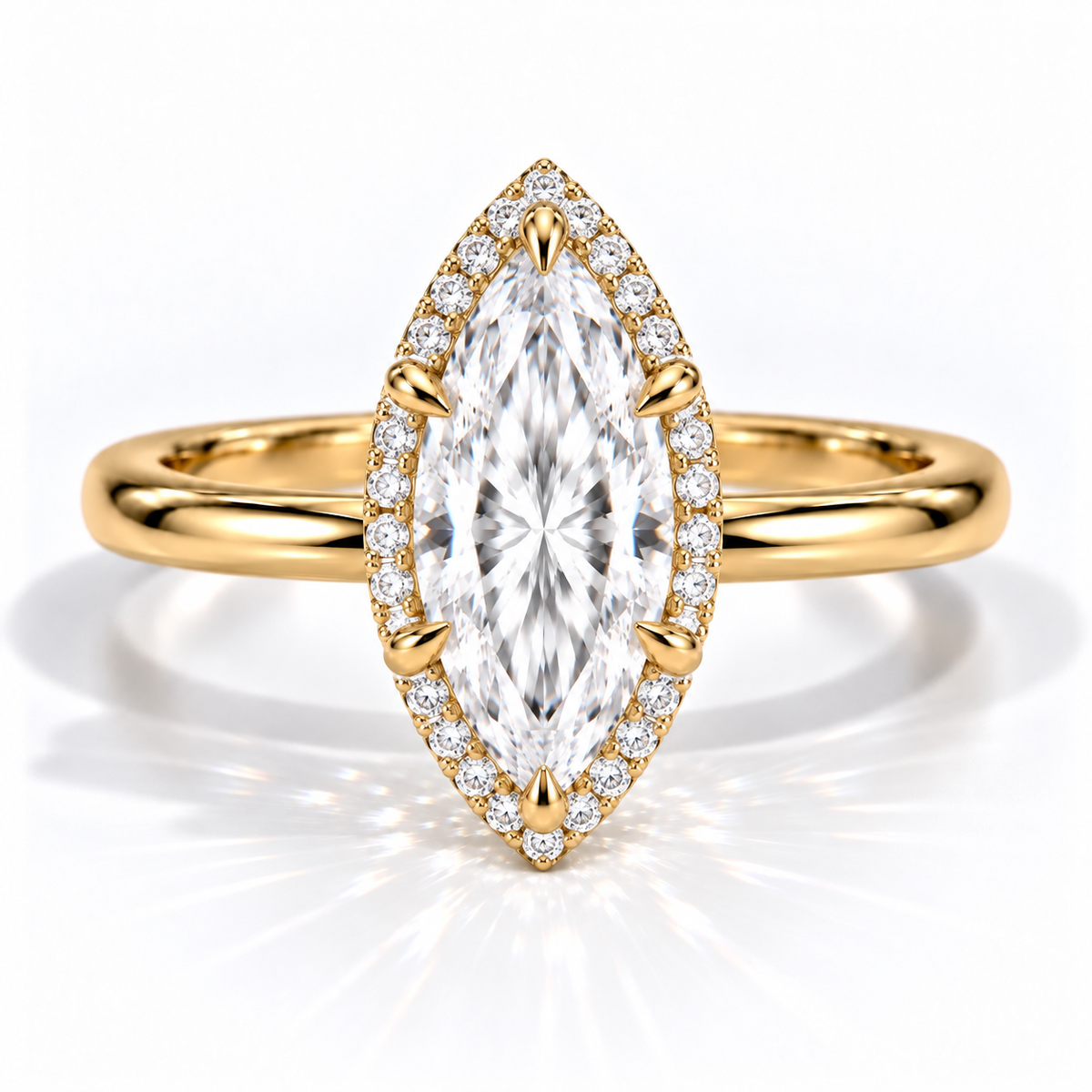 Marquise Halo-Verlobungsring aus Gelbgold mit Labordiamant