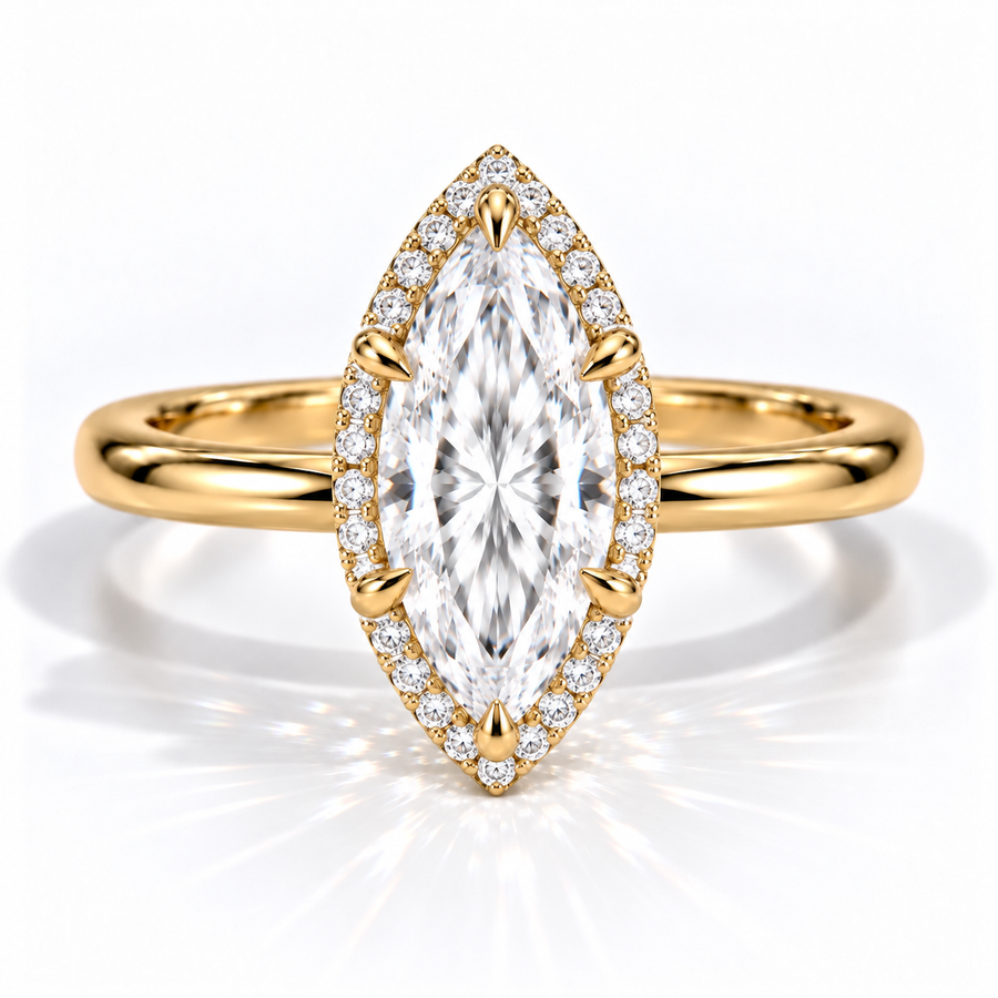 Marquise Halo-Verlobungsring aus Gelbgold mit Labordiamant