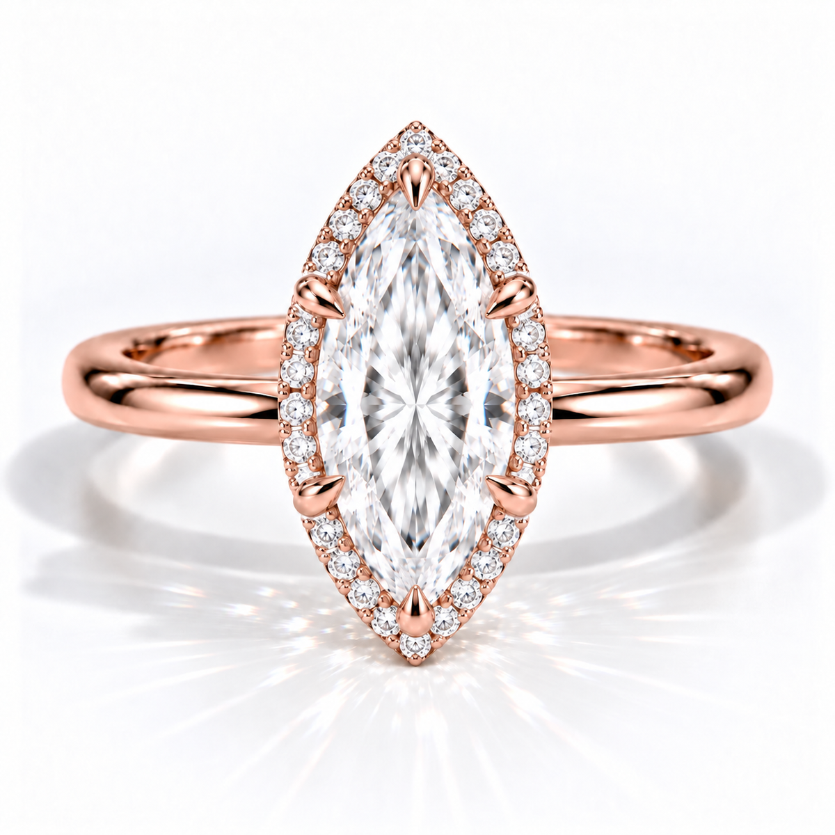 Marquise Halo-Verlobungsring aus Roségold mit Labordiamant