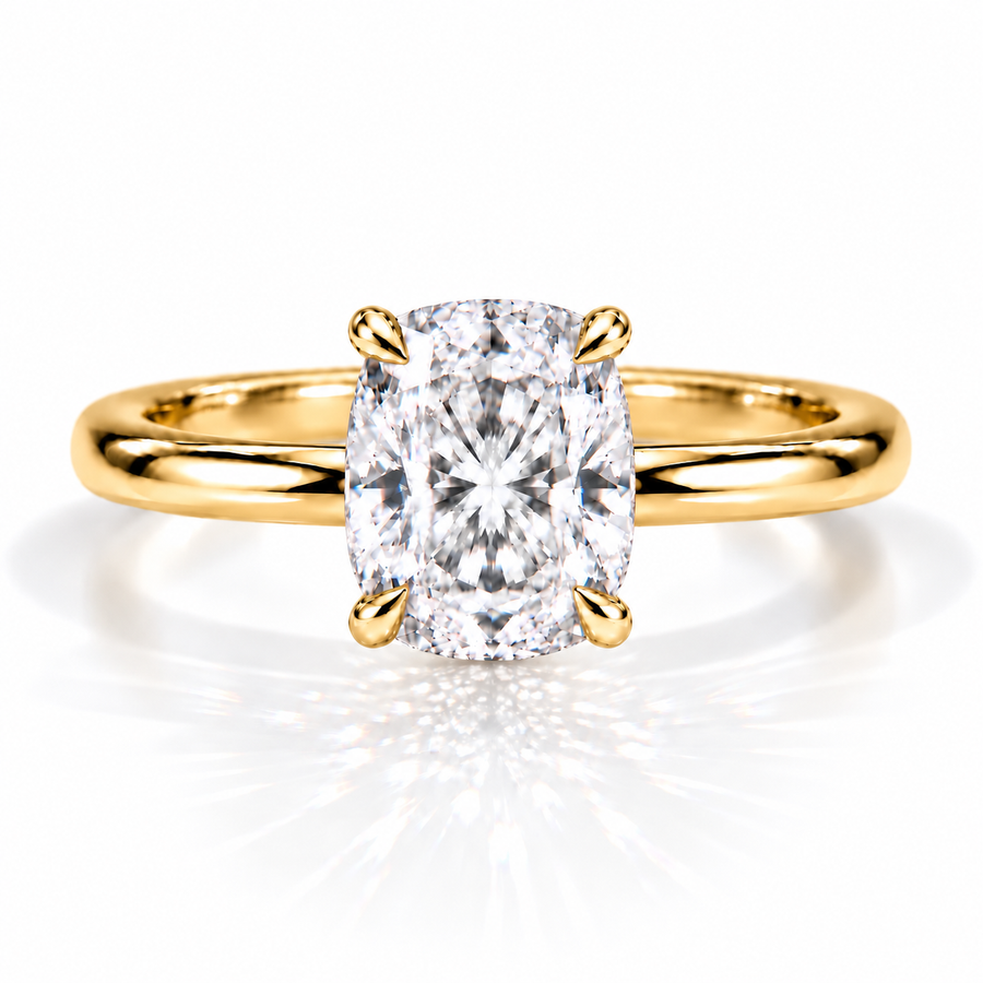 Cushion Verlobungsring aus Gelbgold mit Labordiamant und Galerieschiene
