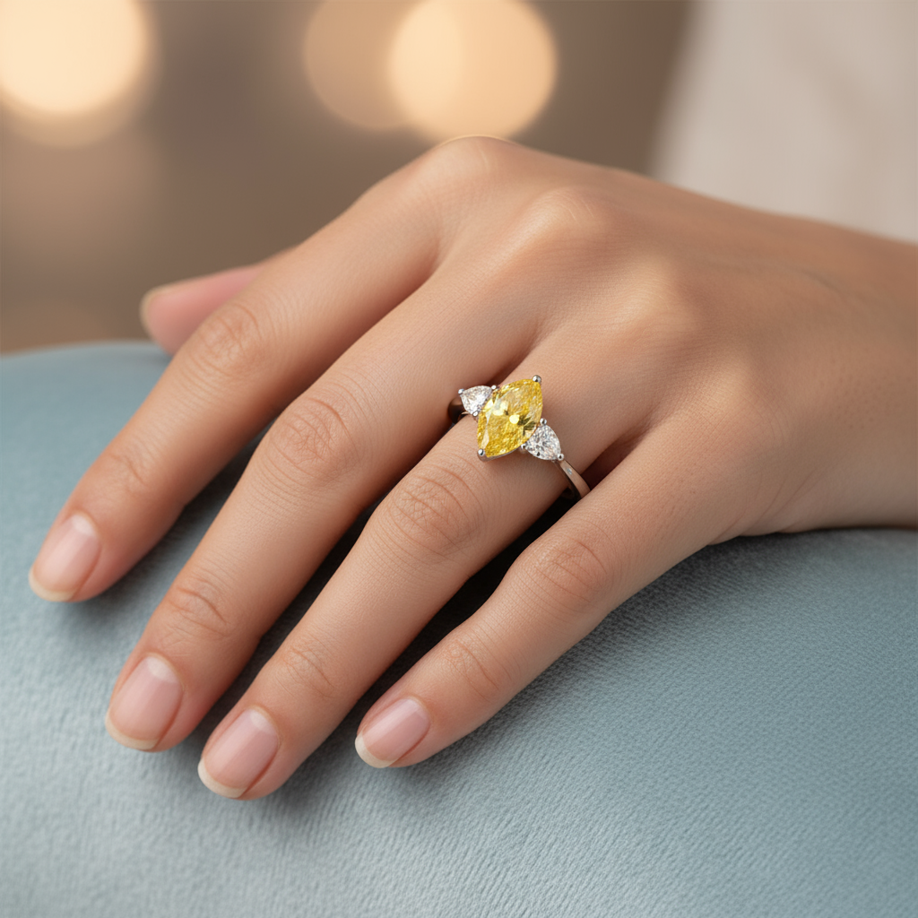 Eleganter Marquise-Dreistein-Ring mit leuchtend gelbem, laborgezüchtetem Diamanten in Marquise-Schliff, gefasst in edlem 14K Weißgold. Zwei funkelnde, weiße Seitensteine betonen das intensive Gelb des Mitteldiamanten. Nachhaltiger Luxusschmuck, handgefertigt für anspruchsvolle Frauen, die zeitlose Eleganz und moderne Ethik vereinen möchten. Perfekt als Verlobungsring oder Statement-Piece.