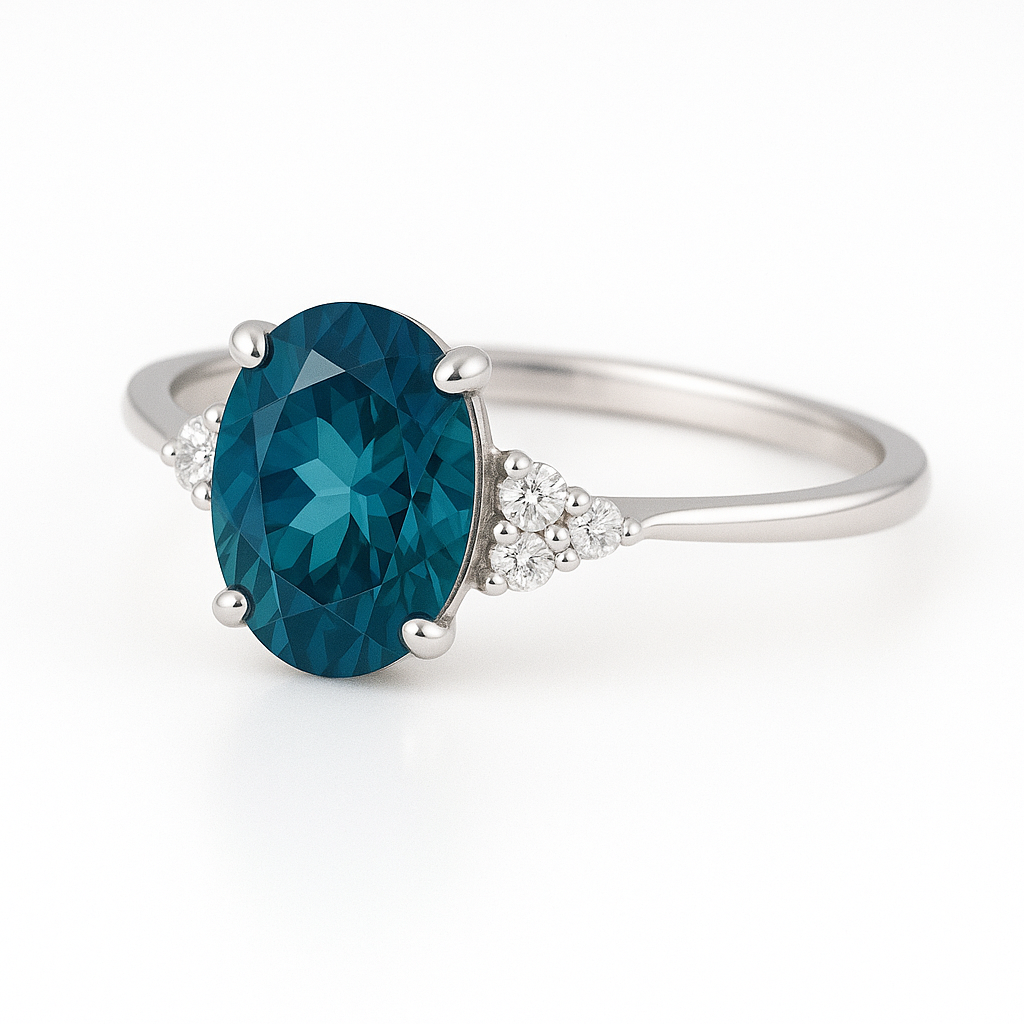 Feiner Weißgold-Ring mit ovalem blaugrünem Edelstein und funkelnden Diamanten – edler Verlobungsring in zeitlosem Stil.
