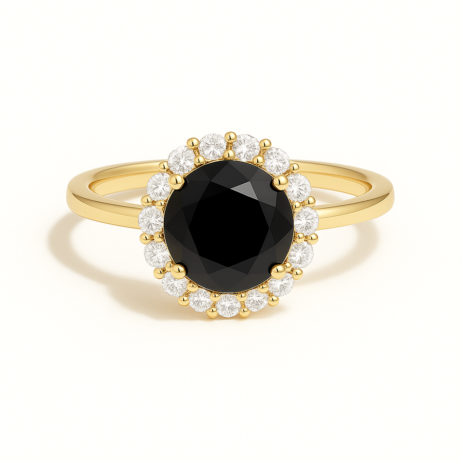 Runder Halo-Verlobungsring aus Gelbgold mit schwarzem Labordiamant