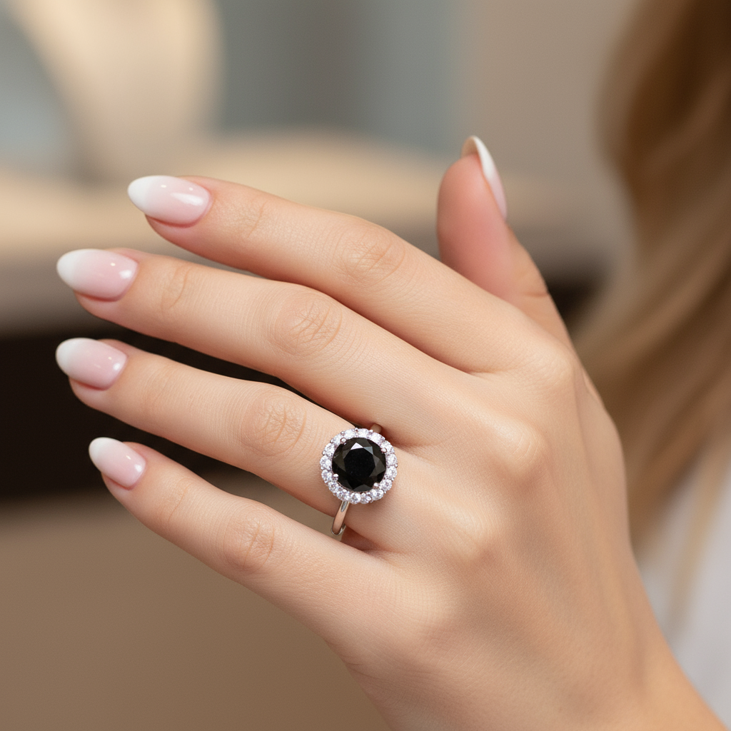 Cassy - Rund Halo Solitär Laborgezüchteter schwarzer Diamant