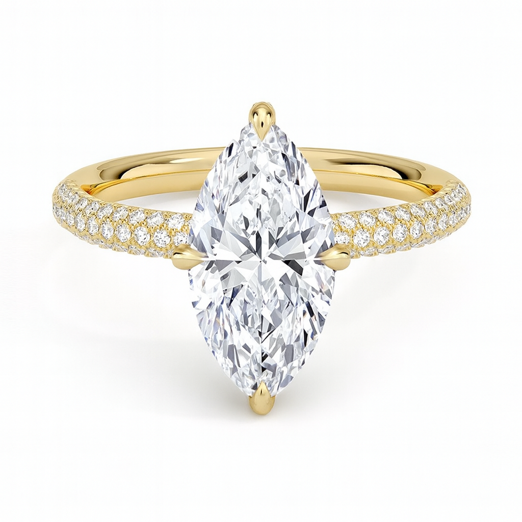 Anna Marquise 3-Reihiger Pavé Verlobungsring aus 14k Gelbgold mit einem funkelnden, laborgezüchteten Diamanten – handgefertigt, nachhaltig, von Labgrownlove