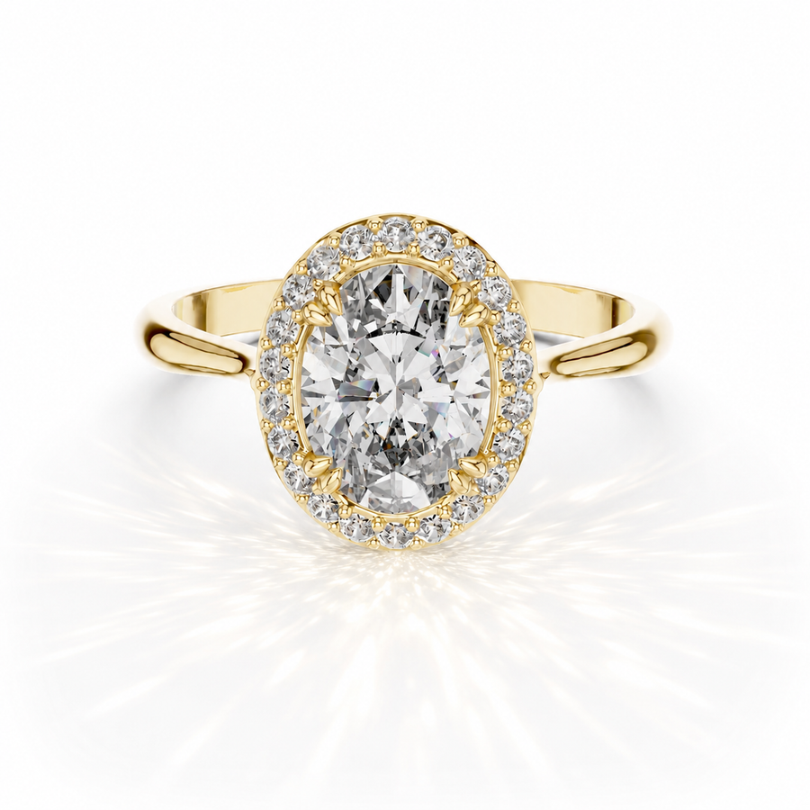 Ovaler Halo-Verlobungsring aus 14 Karat Gelbgold mit Labordiamant und Cathedral-Fassung
