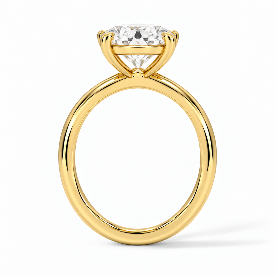 Seitenansicht: Runder Verlobungsring aus Gelbgold mit Labordiamant und Galerieschiene
